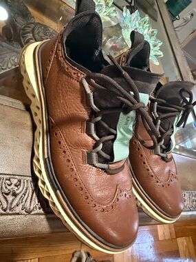 Cole Haan Brown Leather Wingtip Derbys with Cream Sole and Mint Accents
